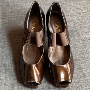 Vaneli Brown Patent Leather Peep Toe Heel